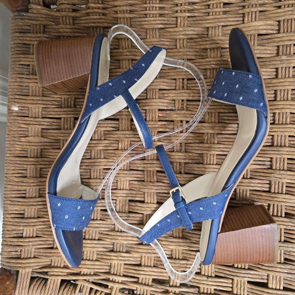 denim blue white dot 3" stacked heel Cole Haan womens Sandals 9 - Picture 3 of 9